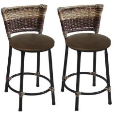 Kit 2 Banquetas Baixas Preta com Encosto Junco Capuccino Assento Marro