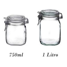 2 Potes Fido Rocco Bormioli de vidro com tampa hermética - 1 750ml + 1 1000ml (1 Litro) para armazenamento