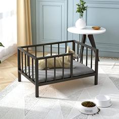 OSCHF Cama de cachorro com trilhos – Estrutura de cama de metal elevado para animais de estimação com placa de madeira maciça e tapete macio lavável para cães pequenos uso interno ou externo, 54 cm x