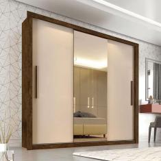 Guarda Roupa Casal 3 Portas e 4 Gavetas com Espelho Central Panamá - Sallêto  - Ipê/Off