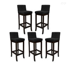 Kit 5 Banquetas Alta com Encosto Matelassê Tóquio Madeira Maciça Maciça Suede Preto CCS