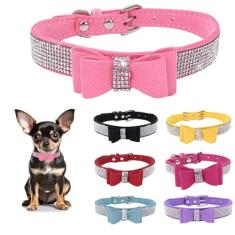 Coleira de couro com strass para cães e gatos com gravata borboleta e diamantes brilhantes de cristal para cães pequenos, médios e grandes