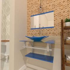 Gabinete de Vidro 70cm Inox com Cuba Retangular Azul