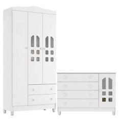 Cômoda Gran Selena e Guarda Roupa Infantil New Selena 3 Portas Branco Brilho – Carolina Móveis
