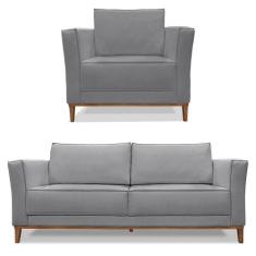 Kit Poltrona e Sofá Living 2 Lugares 1,90m Vega Linho Pés Castanho - P