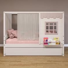 Bicama Casinha Reta Com Cortina Madeira Maciça Branco- Rosa Housin