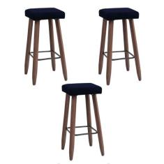 Kit 3 Banquetas Altas Quadradas Pés Madeira Modelo Paris - JOTABE, azu