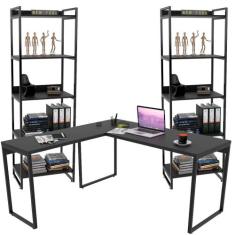 Kit Mesa Para Escritório Industrial em L com 2 Estantes com 5 Pratelei