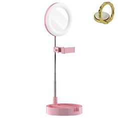 Espelho Iluminador Ring Light Retrátil com Suporte Rosa CBRN14330