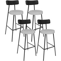 Kit 04 Banquetas Alta Bar Cozinha Sala De Jantar Milão L02 Couríssimo Preto Linho Cinza - Lyam Decor
