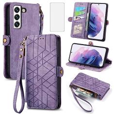 Asuwish Capa de telefone para Samsung Galaxy S22 5G capa carteira com protetor de tela de vidro temperado e alça de pulso couro flip zíper suporte para cartão acessórios celulares S 22 22S 4G G5 6,1