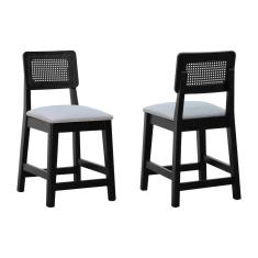 Kit 2 Banquetas Madeira Maciça Encosto Telinha Assento Estofado Preto Linho Bege Mescla Impermeável