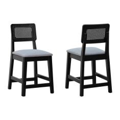 Kit 2 Banquetas Encosto Telinha Assento Estofado - Preto Assento Linho Cinza Mescla Impermeável