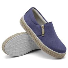 Tênis Slip On Casual Feminino com Zíper Lateral Tecido em Jeans-Feminino