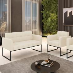 Kit 1 Sofá Namoradeira e 1 Poltrona Elisa Linho Base Metálica Industrial Preto D03 - D'Rossi