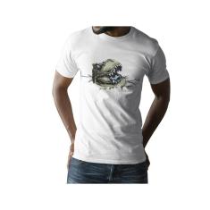 Camiseta ECF Masculina Dinossauro T-Rex surgindo do gelo Manga Curta Branca Poliester