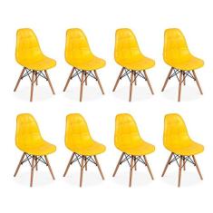 Conjunto 8 Cadeiras Dkr Charles Eames Wood Estofada Botonê Amarela