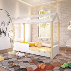 Cama Infantil Montessoriana Solteiro Com Led Jhulia Grade Branca - Branco E Natural - Cor: Branco