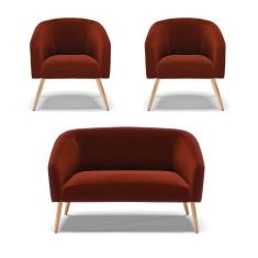 Kit 1 Sofá Namoradeira E 2 Poltronas Stella Bouclê Terra Pés Palito Natural D`rossi