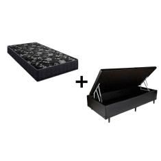 Cama Box Baú Solteiro 88 Tecido Sintético Preto com Colchão Lisboa Espuma D28 Preto