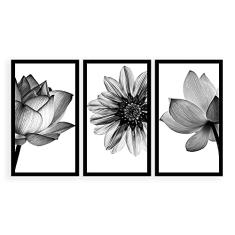 Kit 3 Quadros Decorativos Grandes COM MOLDURA Flores Minimalista Preto e Branco