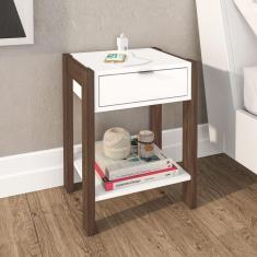 Mesa de Cabeceira com 1 Gaveta e 1 Tomada Bivolt Branco/Nogal