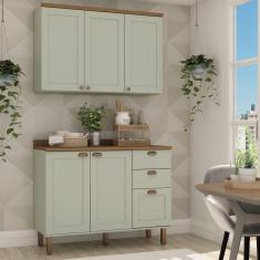 Cozinha Modulada 2 Peças com Balcão e Armário Aéreo e Tampo Provençal Verde Mint