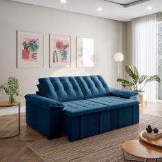 Sofá Cama Palmeira 3 Lugares Retrátil Reclinável 2,20m Veludo com Molas CabeCasa MadeiraMadeira Azul