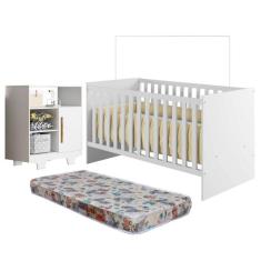 Quarto de Bebê com Berço com Colchão Suporte Life e Cômoda 100% Mdf 1 Porta 3 Prateleiras Flocos Branco