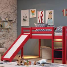 Cama Alta Kids com Escorregador em Madeira Maciça/MDF Vermelho