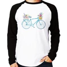 Camiseta Raglan Bicicleta e Flores Manga Longa - Foca na Moda, Branco,