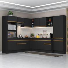 Armário Cozinha Completa de Canto Veneza Multimóveis V2082, Preto/Dour