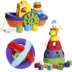 Kit De Brinquedos Para Bebês Barco + Girafa + Bola