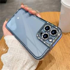 Capa protetora macia com strass e brilho de luxo para iPhone 14 13 12 11 Pro Max Mini XS X XR 7 8 Plus SE Plating Capa transparente de silicone, azul, para iPhone 12 Mini