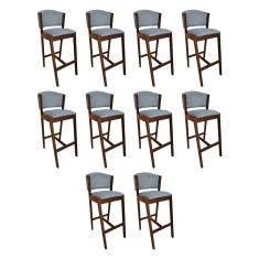 Kit 10 Banquetas Alta De Madeira Maciça Natural Premium Ana Com Encosto Linho Cinza