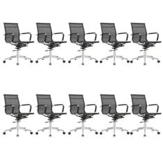 Kit 10 Cadeiras para Escritório Diretor Giratória Aço Cromado Sidney Preto