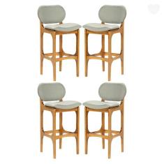 Kit 4 Banquetas Alta Estofada Rafine Madeira Maciça Castanho Linho Ver