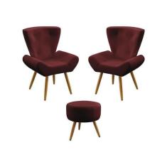 Kit 2 Poltronas Decorativas Polaris e Puff Solar Sued Bordô Aradecor