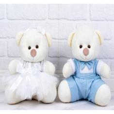 CONJUNTO DE PELUCIA URSO PAJEM AZUL CLARO DAMINHA BRANCA PADRÃO- 26cm 