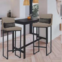 Kit 02 Banqueta Alta com Encosto Lucca Industrial Cozinha Balcão Ferro Preto Sintético Bege e Almofada Cinza - Ahazzo Móveis