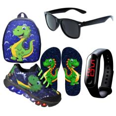 Kit Tênis De Led Infantil Menino Masculino Dinossauro + Chinelo + Mochila + Óculos + Relógio-Masculino