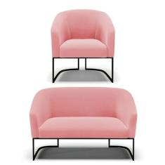 Sofá Namoradeira e Poltrona Base Industrial Preto Stella Suede Rosê D0