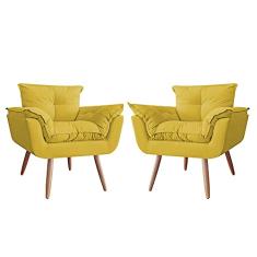 Kit 02 Poltronas Decorativa Opalla Pés Palito Suede Amarelo - DS Estofados