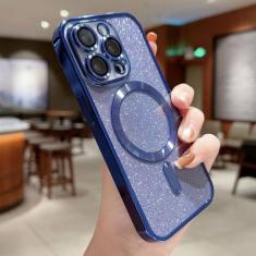 Capa luxuosa de celular com carga sem fio galvanizada, para iphone 14 13 12 11 pro max plus, capa macia com glitter, azul, para iphone 13pro