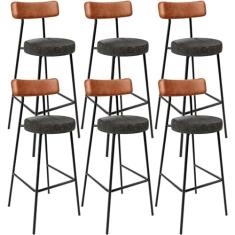 Kit 06 Banquetas Alta Cozinha Sala De Jantar Milão L02 Couríssimo Camel Linho Chumbo - Lyam Decor