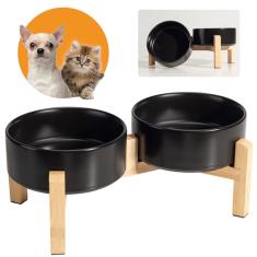 Conjunto de tigelas de cerâmica elevada para cães – Tigelas elevadas com suporte de bambu antiderrapante – Pratos pequenos para animais de estimação para comida e água – Ideal para gatos e filhotes