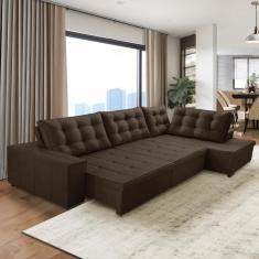 Sofá de Canto Retrátil e Reclinável com Molas 3,40x2,00 Jacke Suede Marrom Adonai Estofados