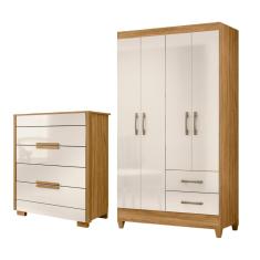 Kit Guarda Roupa Solteiro Chile e Cômoda Dhara 4 Portas 2 Gavetas MDP Freijó-Off White Moval Móveis