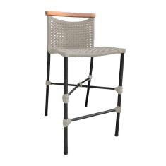 Banqueta Anne em Corda Náutica Base em Alumínio Preta com Detalhe em Madeira Areia