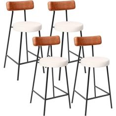 Kit 04 Banquetas Baixa Cozinha Sala Jantar Milão L02 Couríssimo Camel Linho Cru